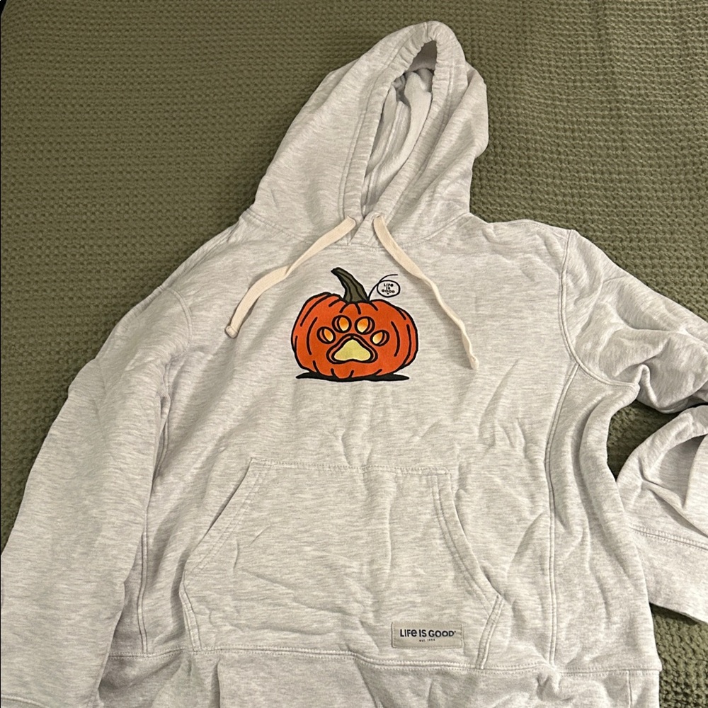 Life Is Good Light Gray Hoodie with Pumpkin Design